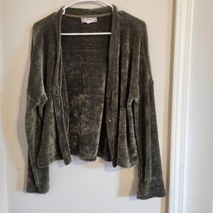 Pink Rose Olive Green Plush Button-Front Cardigan Medium